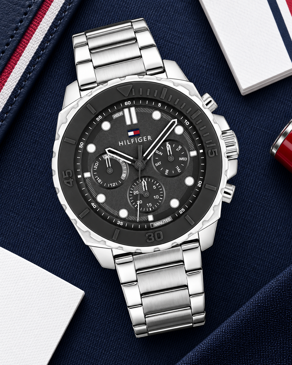Tommy Hilfiger Morgan Men's Multifunction Watch – Silver Steel Bracelet, 48mm – 1710689 – Premium flatlay