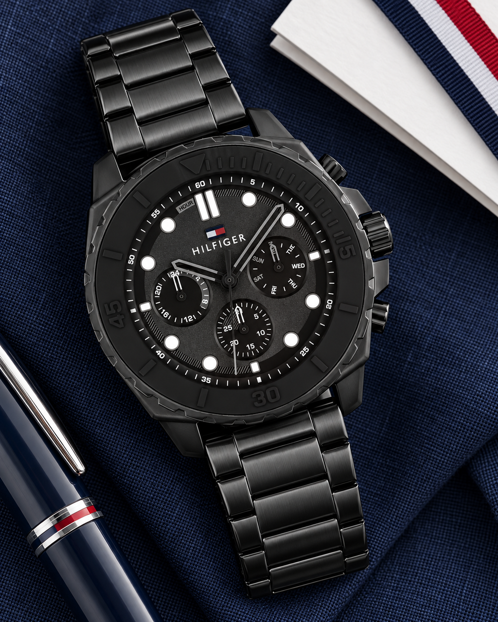 Tommy Hilfiger Morgan Men's Multifunction Watch – Black Steel Bracelet, 48mm – 1710690 – Premium flatlay