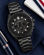 Tommy Hilfiger Morgan Men's Multifunction Watch – Black Steel Bracelet, 48mm – 1710690 – Premium flatlay