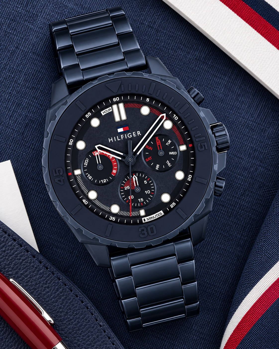 Tommy Hilfiger Morgan Men's Multifunction Watch – Navy Steel Bracelet, 48mm – 1710691 – Premium flatlay