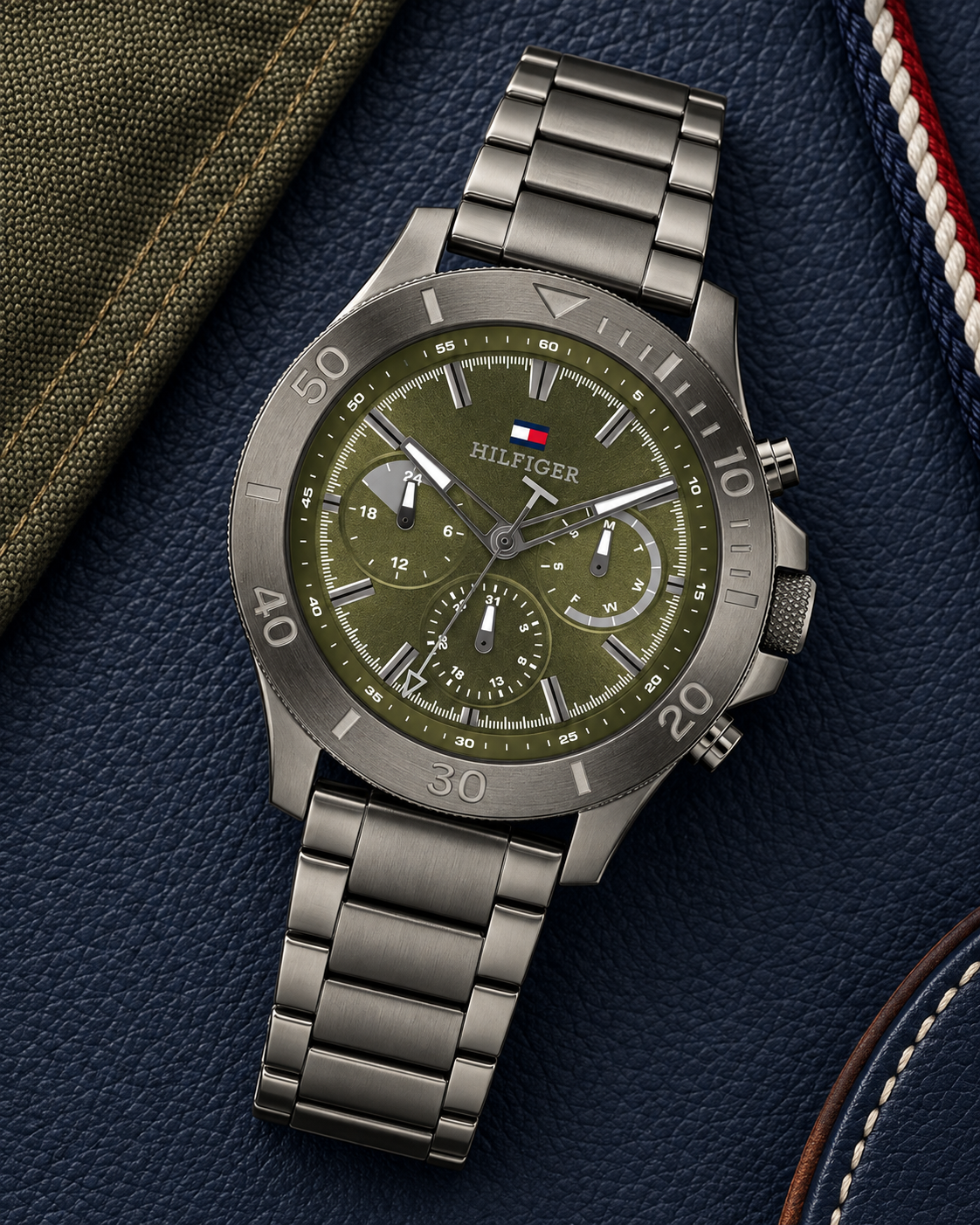 Tommy Hilfiger Bryan Men's Multifunction Watch – Green Dial, Gunmetal Steel Bracelet, 46mm – 1792115 – luxury flat lay