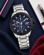 Tommy Hilfiger Jameson Men's Dual-Time Multifunction Watch – Navy Dial, Silver Steel Bracelet, 43mm – 1792198 – Premium flatlay