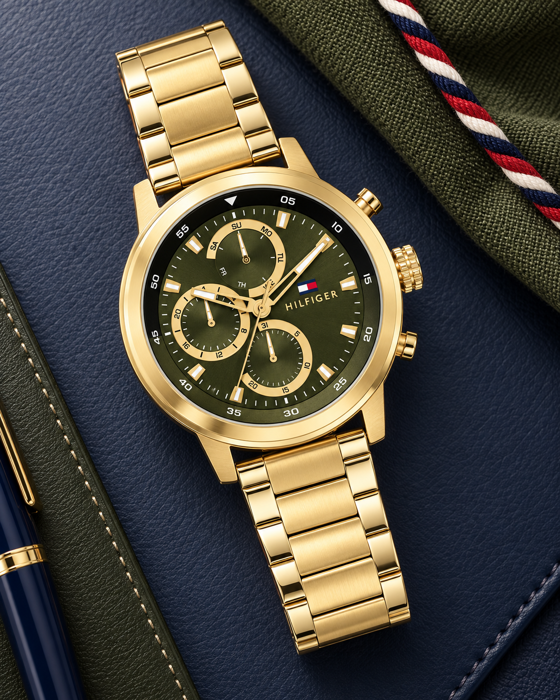 Tommy Hilfiger Rocky Men's Multifunction Watch – Green Dial, Gold Steel Bracelet, 46mm – 1792216 – luxury flat lay