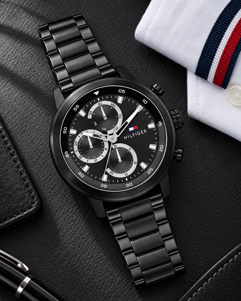 Tommy Hilfiger Rocky Men's Multifunction Watch – Black Steel Bracelet, 46mm – 1792217 – luxury flat lay