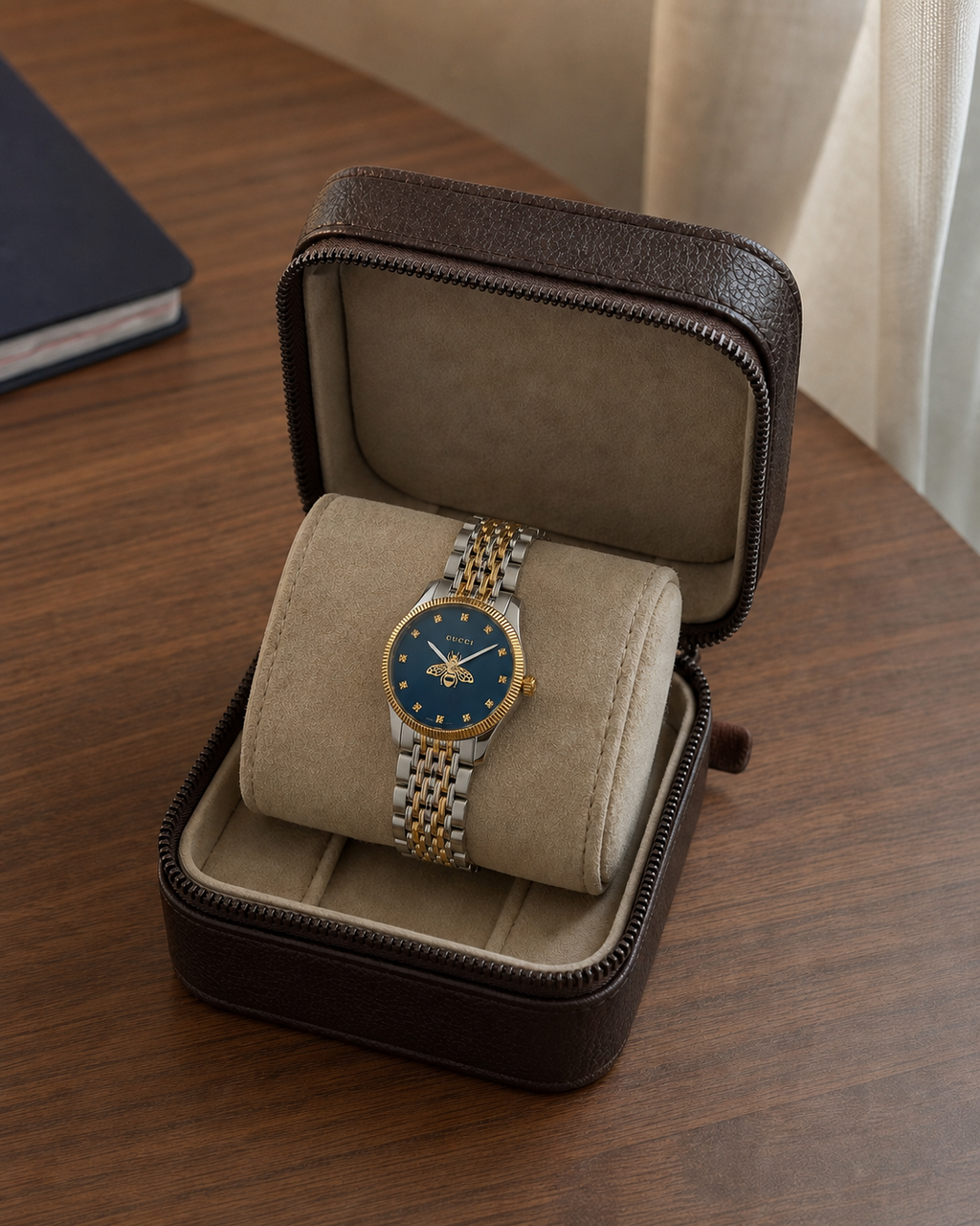 Gucci G-Timeless 29 mm Blue Bee Seconds-Hand Watch YA1265029 presented in a luxury travel flat lay