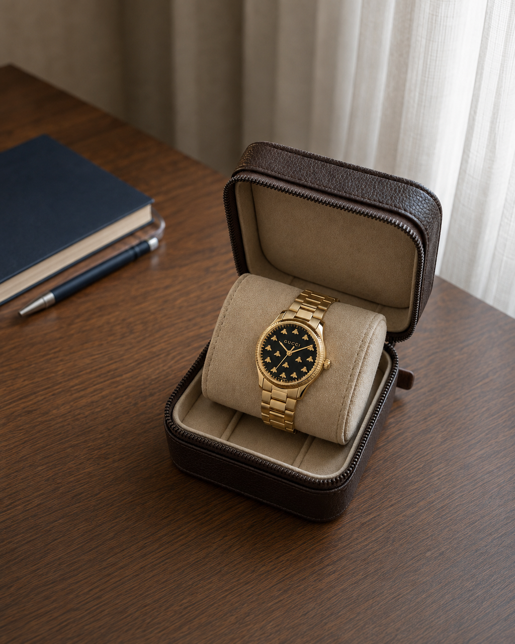 Gucci G-Timeless 32 mm Black Bee Dial Watch YA1265037 presented in a luxury travel flat lay