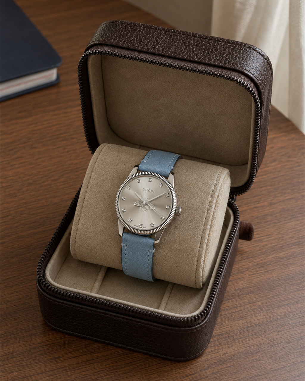 Gucci G-Timeless 29 mm Silver Bee Dial Watch YA1265039 presented in a luxury travel flat lay