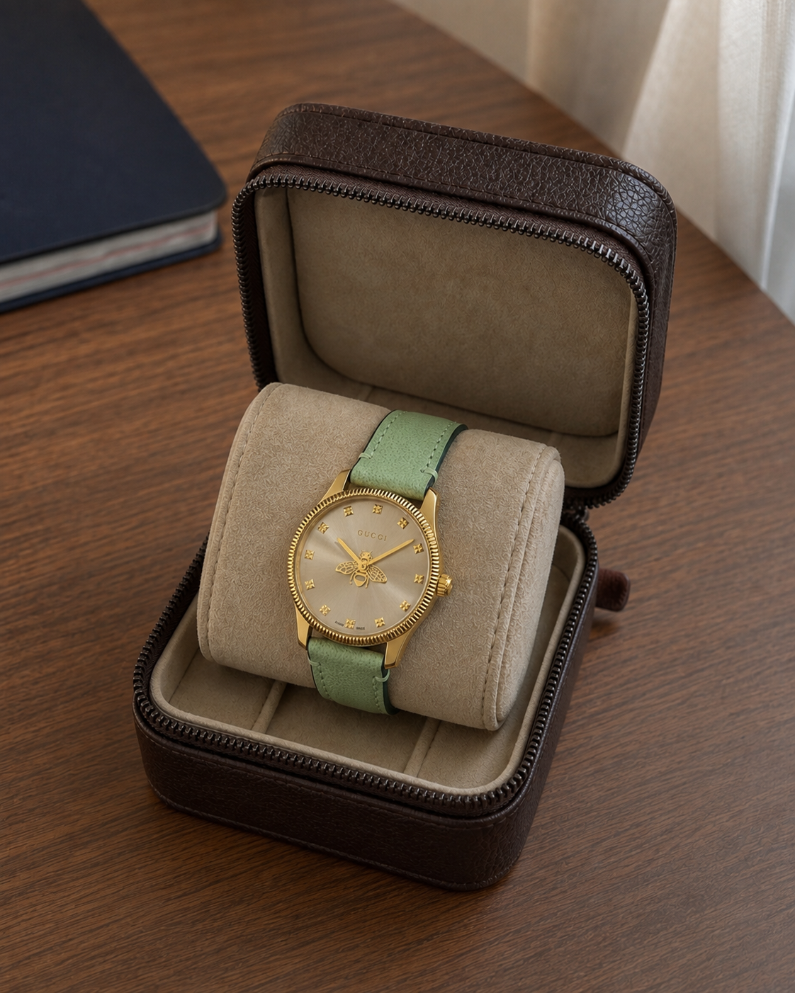 Gucci G-Timeless 29 mm Gold Bee Dial Watch YA1265040 presented in a luxury travel flat lay