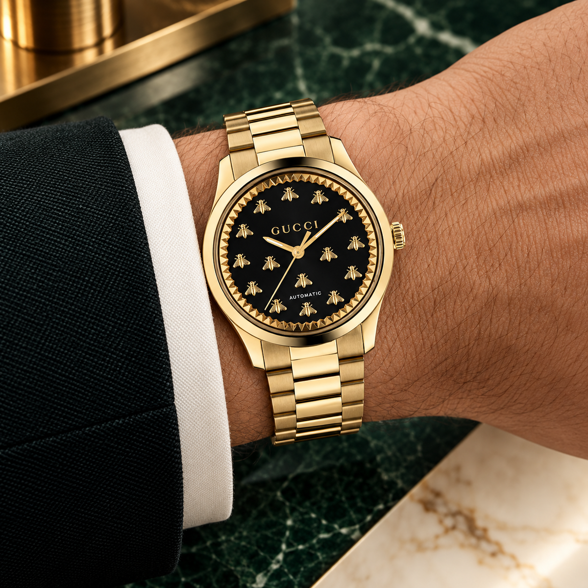 Gucci G-Timeless 18K Goud 38 mm Automatisch horloge met zwarte wijzerplaat – YA1264196