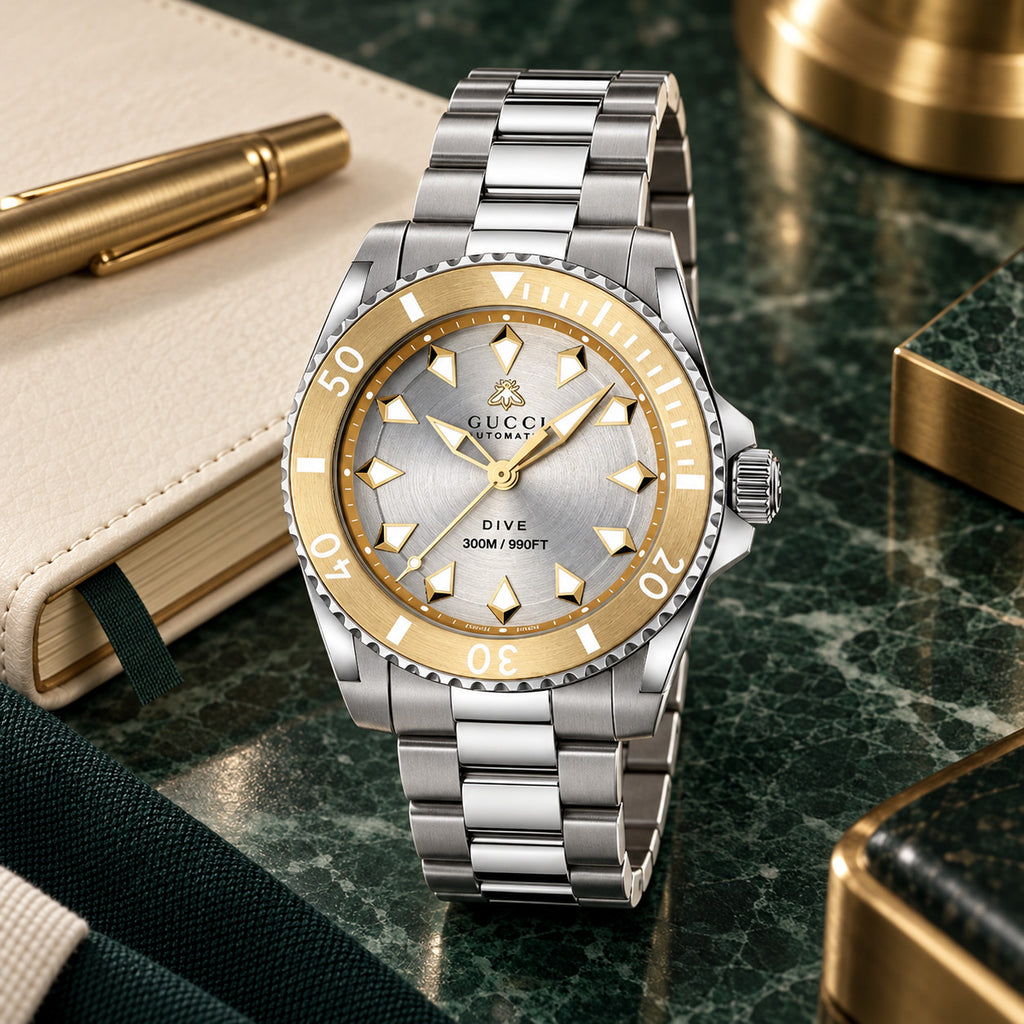 Gucci Dive 40 mm Silver sunburst with gold-tone accents Watch – YA136357