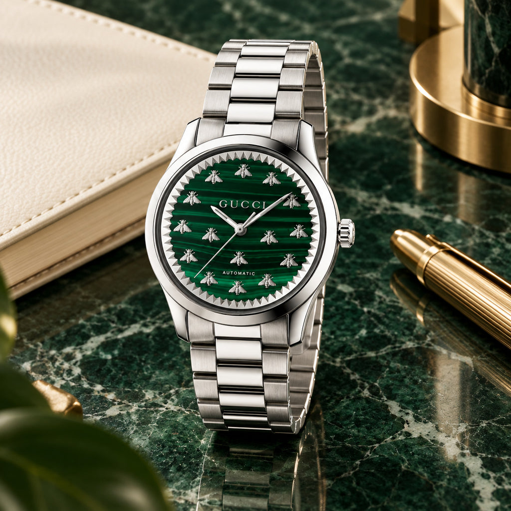 Gucci G-Timeless Multi-Bee 38 mm Green malachite with silver bee motifs Watch – YA1264176