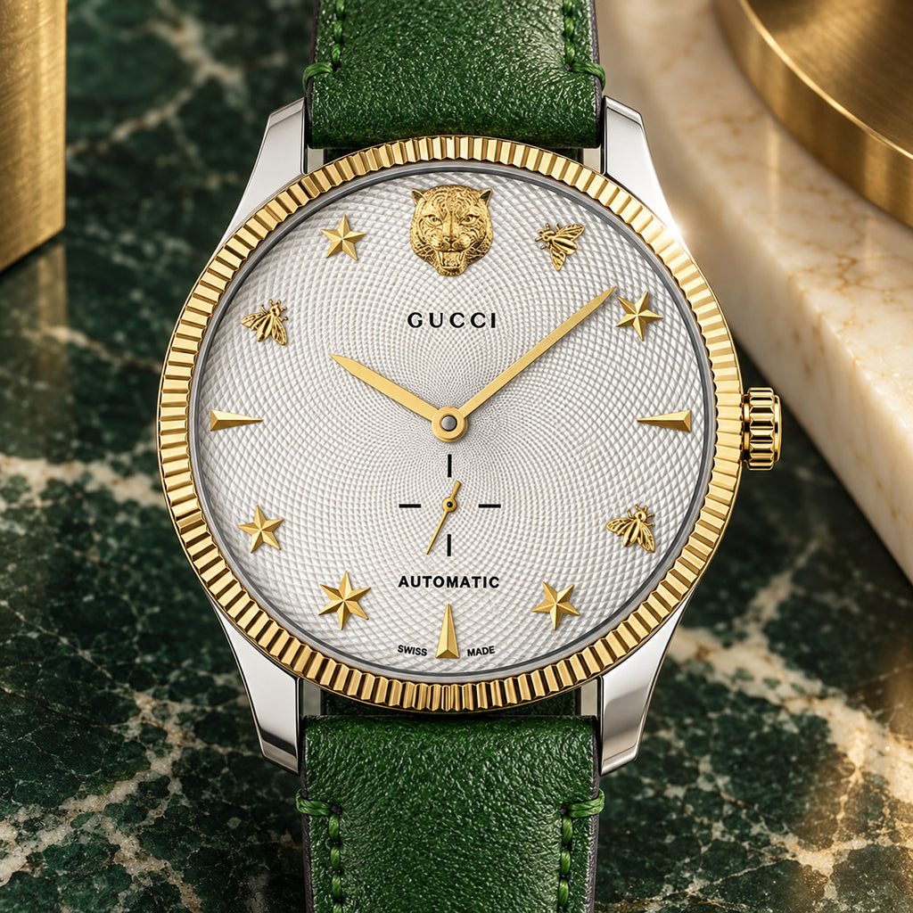 Gucci G-Timeless Small Seconds 40 mm White guilloche with gold feline, bee and star motifs Watch – YA126363