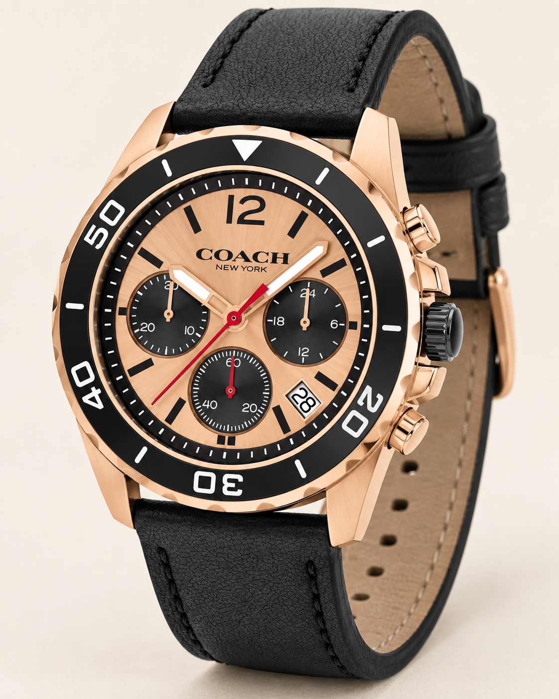 Coach Kent 14602559 rose gold case and black leather three-quarter profile