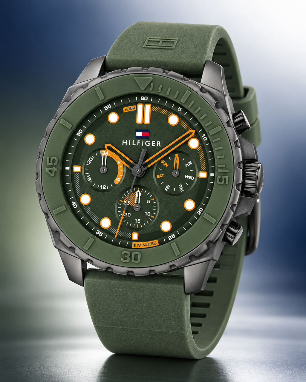 Tommy Hilfiger Morgan Men's Multifunction Watch – Green Silicone Strap, 48mm – 1710688 – Three-quarter profile