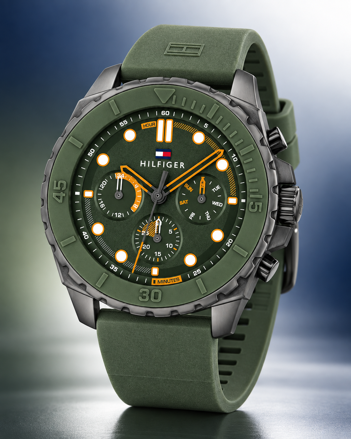 Tommy Hilfiger Morgan Men's Multifunction Watch – Green Silicone Strap, 48mm – 1710688 – Three-quarter profile