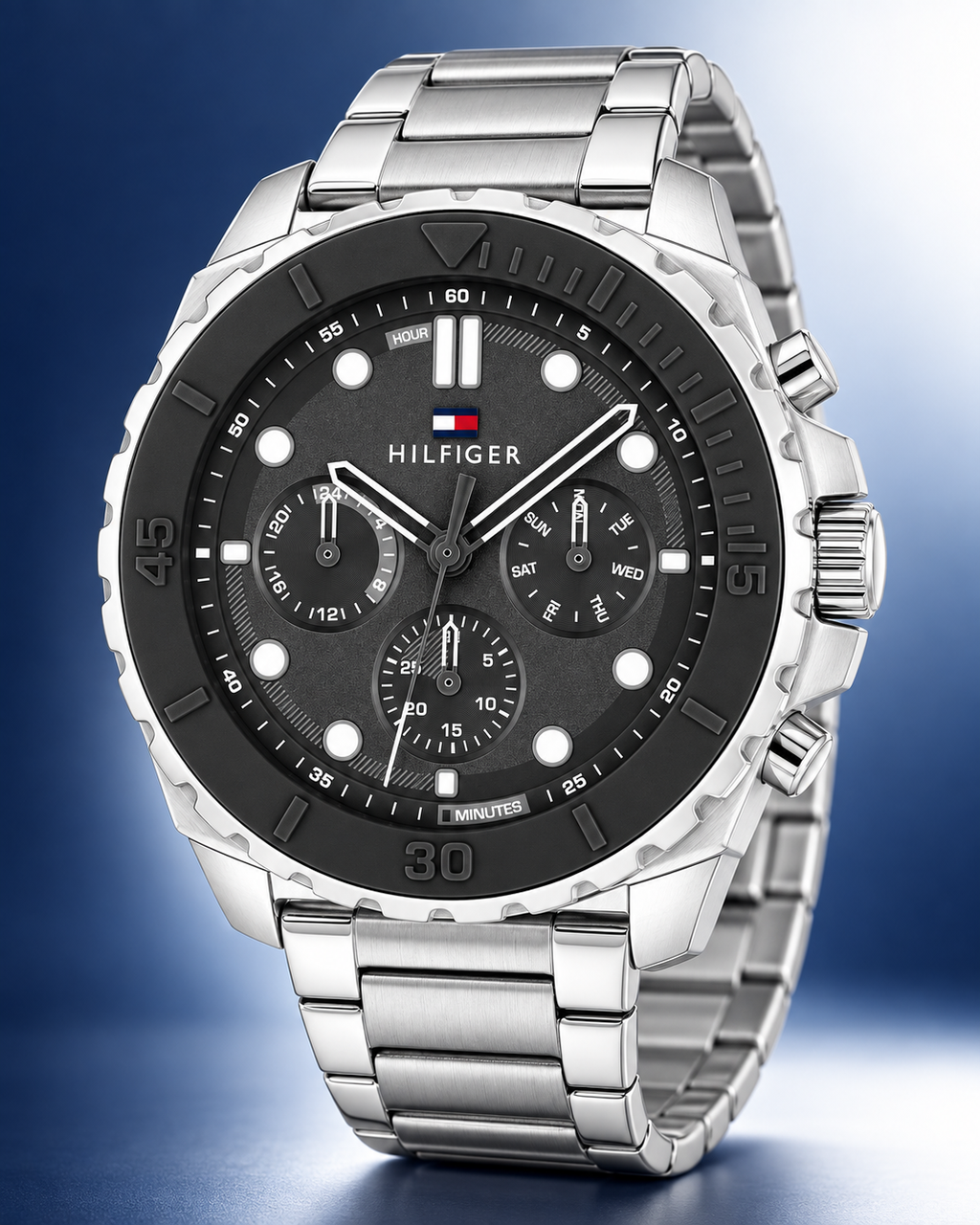 Tommy Hilfiger Morgan Men's Multifunction Watch – Silver Steel Bracelet, 48mm – 1710689 – Three-quarter profile