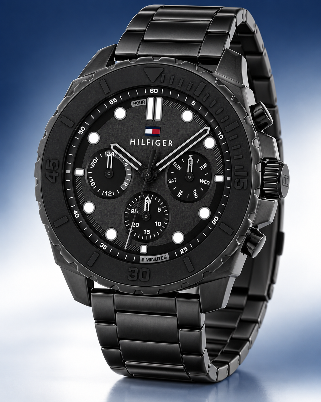 Tommy Hilfiger Morgan Men's Multifunction Watch – Black Steel Bracelet, 48mm – 1710690 – Three-quarter profile