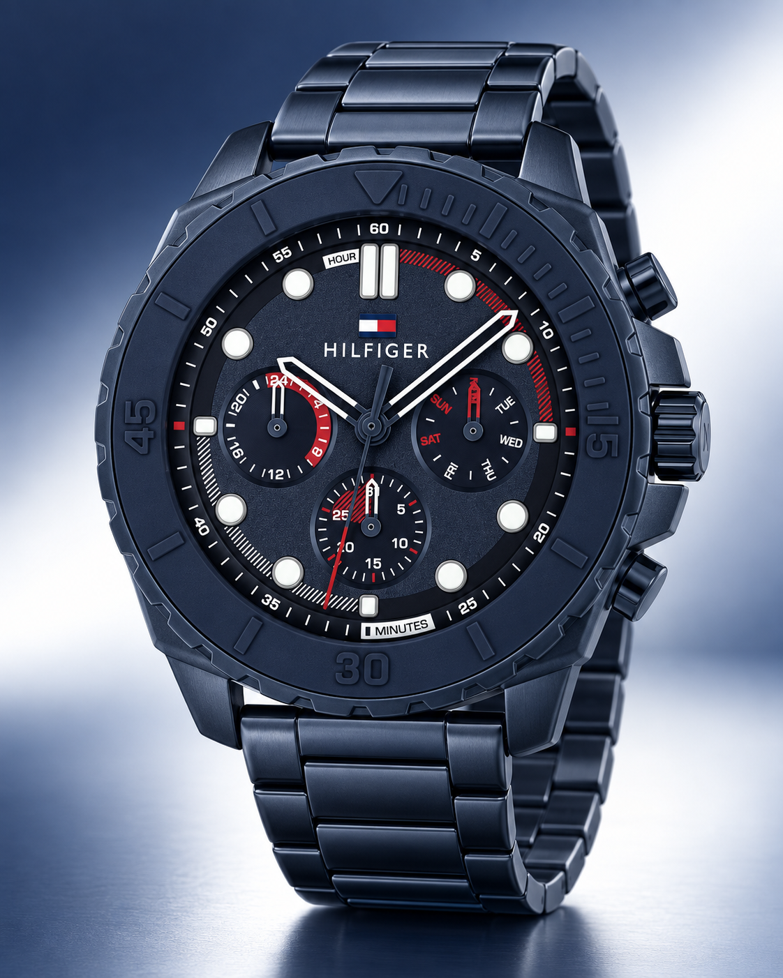 Tommy Hilfiger Morgan Men's Multifunction Watch – Navy Steel Bracelet, 48mm – 1710691 – Three-quarter profile