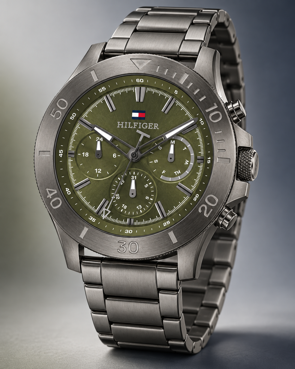 Tommy Hilfiger Bryan Men's Multifunction Watch – Green Dial, Gunmetal Steel Bracelet, 46mm – 1792115 – three-quarter profile