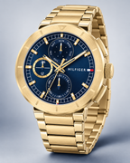 Tommy Hilfiger Lorenzo Men's Multifunction Watch – Navy Dial, Gold Steel Bracelet, 44mm – 1792118 – three-quarter profile