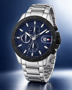 Tommy Hilfiger Jameson Men's Dual-Time Multifunction Watch – Navy Dial, Silver Steel Bracelet, 43mm – 1792198 – Three-quarter profile