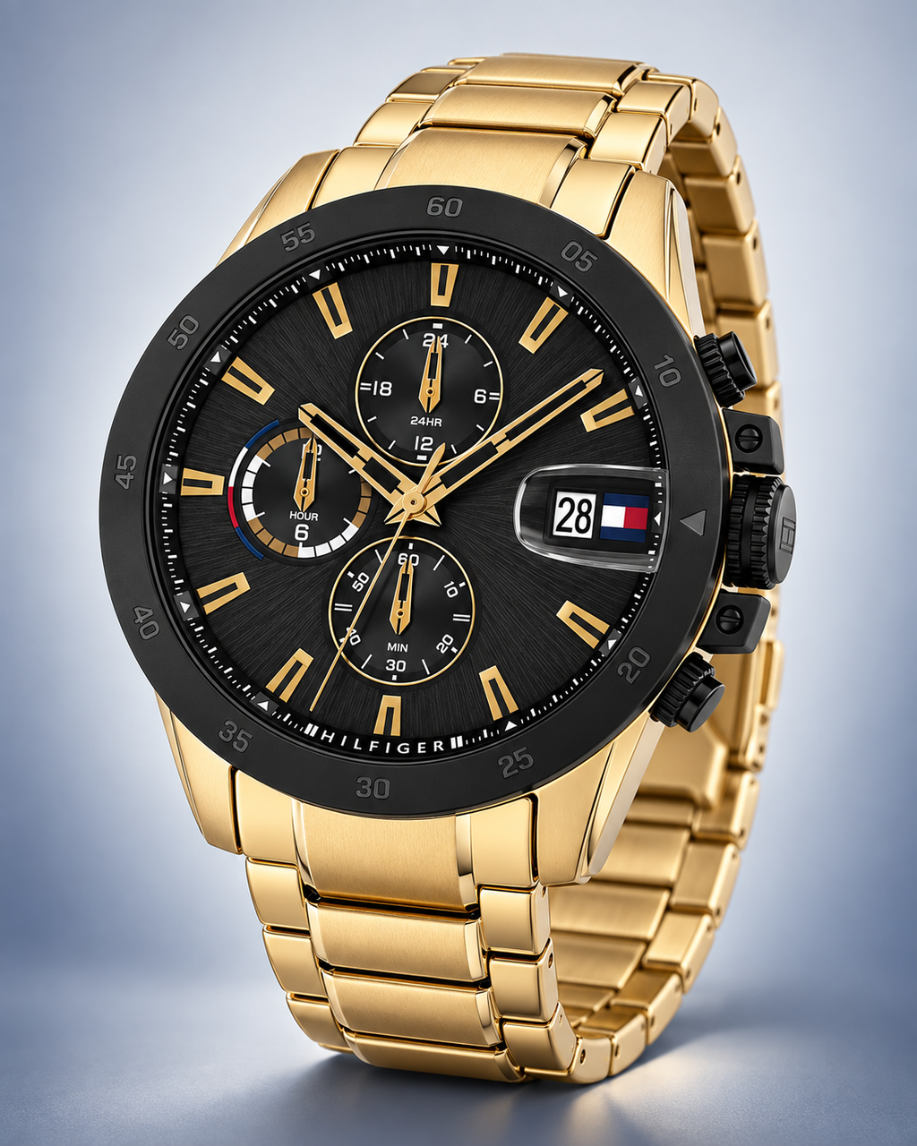 Tommy Hilfiger Jameson Men's Dual-Time Multifunction Watch – Black Dial, Gold Steel Bracelet, 43mm – 1792199 – three-quarter profile