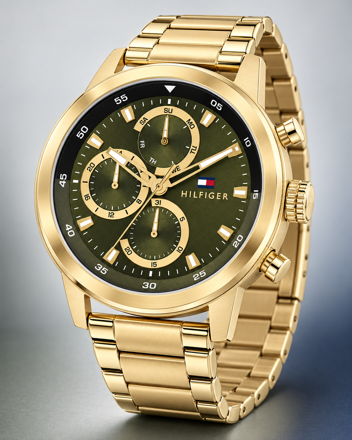 Tommy Hilfiger Rocky Men's Multifunction Watch – Green Dial, Gold Steel Bracelet, 46mm – 1792216 – three-quarter profile