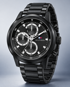 Tommy Hilfiger Rocky Men's Multifunction Watch – Black Steel Bracelet, 46mm – 1792217 – three-quarter profile