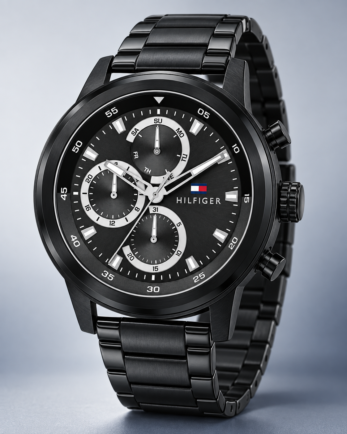Tommy Hilfiger Rocky Men's Multifunction Watch – Black Steel Bracelet, 46mm – 1792217 – three-quarter profile