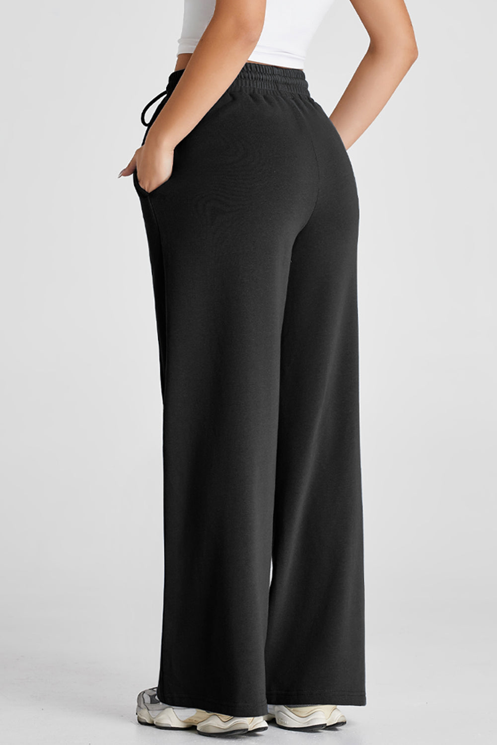 Gray Seamed Drawstring High Waist Wide Leg Sweatpants