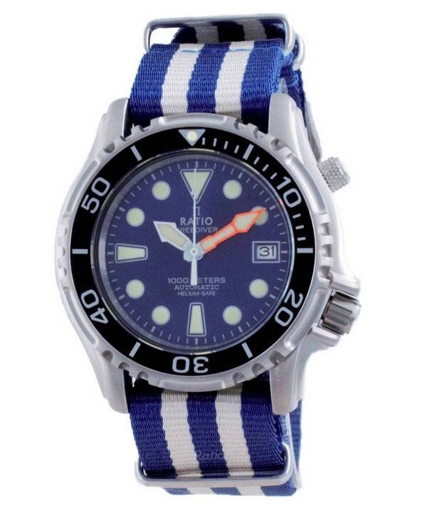 Ratio Free Diver Helium Safe Nylon Automatik Taucheruhr 1066KE20-33VA-BLU-var-NATO2 1000M Herrenuhr