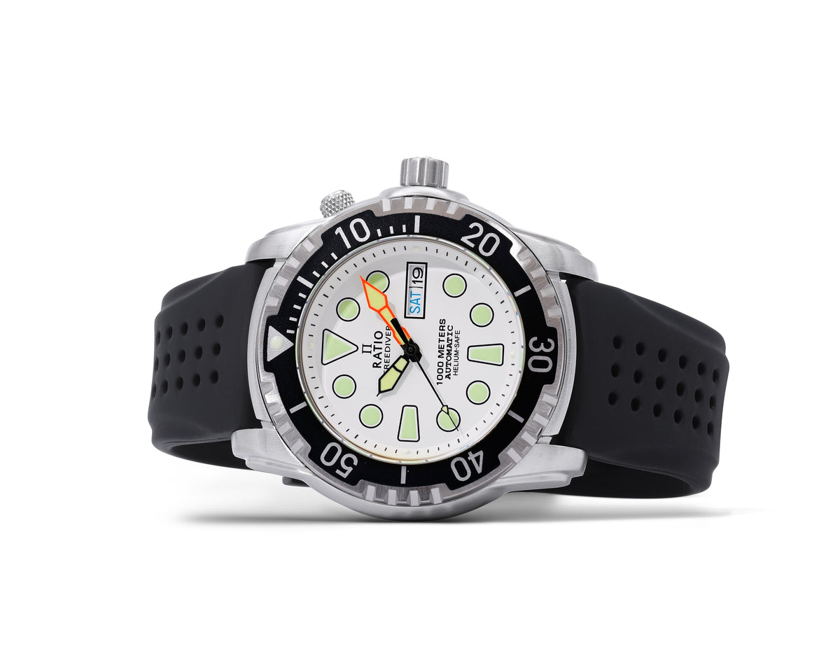 Ratio FreeDiver-versie 02 Heliumveilig 1000M Saffier automatische witte wijzerplaat 1068HA90-34VA-WHT-V02 Herenhorloge