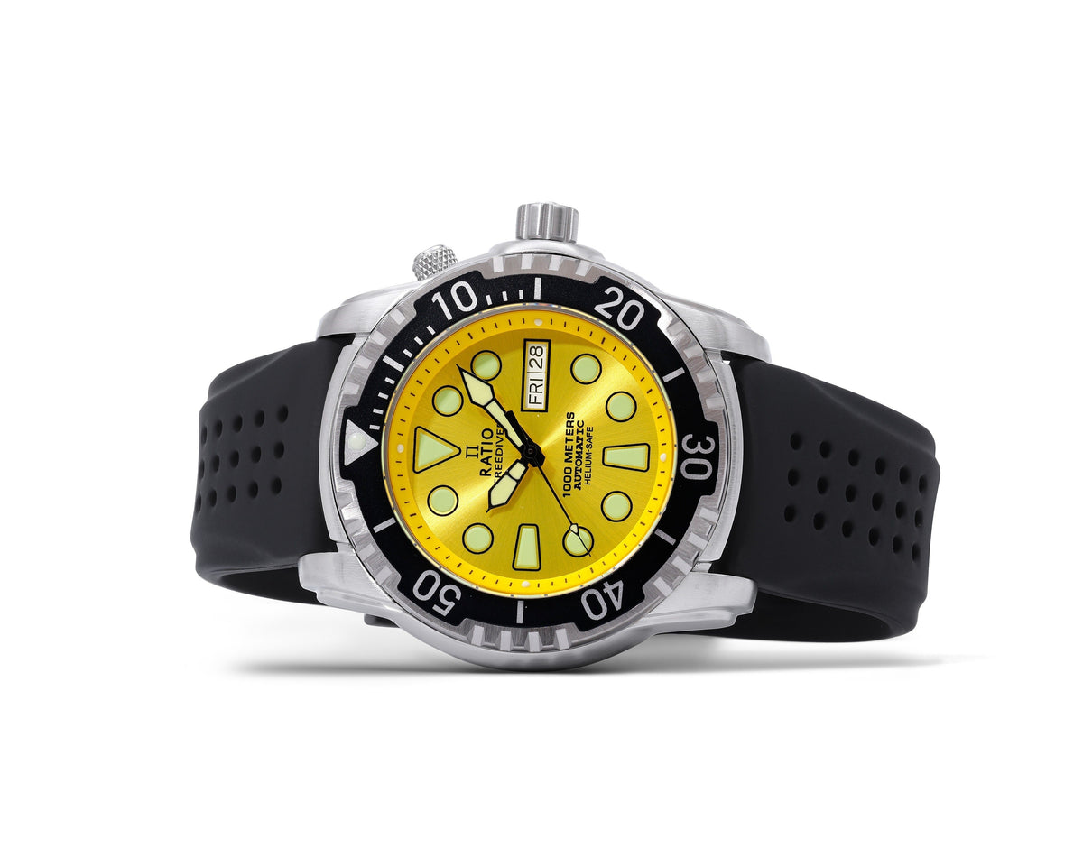 Ratio FreeDiver-versie 03 Helium Safe 1000M Automatische gele wijzerplaat 1068HA90-34VA-YLW-V03 Herenhorloge