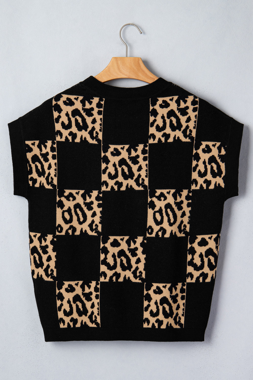 Black Leopard Checkerboard Short Sleeve Knit Sweater