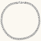 Polished 316L stainless steel Cuban link chain necklace, 9.6mm wide, with Greek key lobster clasp, silver tone.