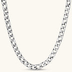Polished 316L stainless steel Cuban link chain necklace, 9.6mm wide, with Greek key lobster clasp, silver tone.