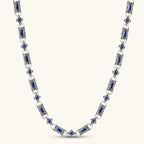 Oxidized silver 316L stainless steel chain necklace with rectangular navy CZ links and ornate gothic connector pieces, 640mm.