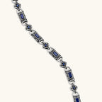 Oxidized silver 316L stainless steel chain necklace with rectangular navy CZ links and ornate gothic connector pieces, 640mm.