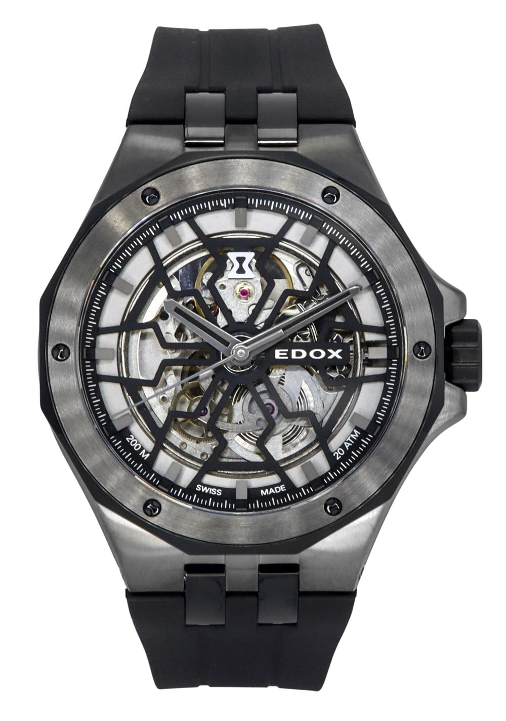 Orologio da uomo Edox Delfin The Original Mecano, cinturino in caucciù, quadrante scheletrato nero, automatico, diver, 85303 357GN NGN, 200M