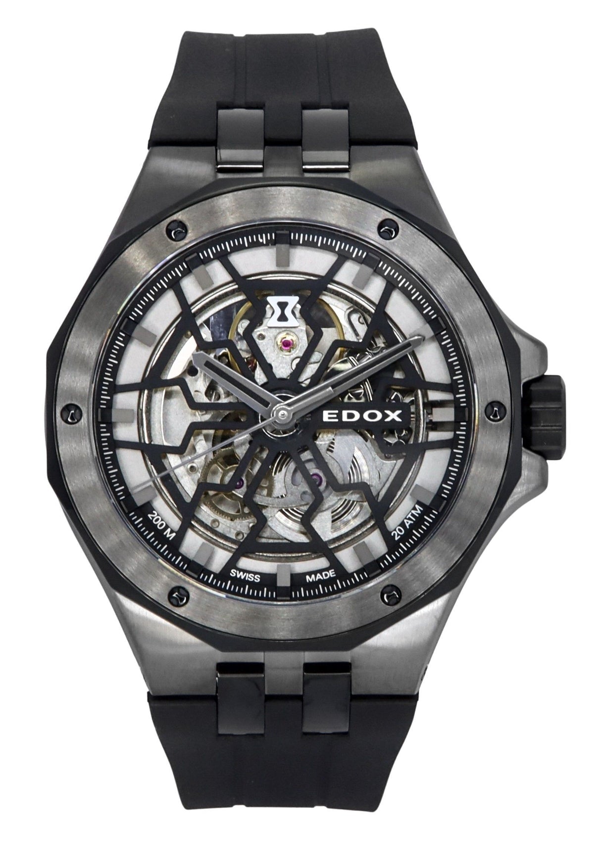 Edox Delfin De originele Mecano rubberen band skelet zwarte wijzerplaat automatisch duiker 85303 357GN NGN 200M herenhorloge