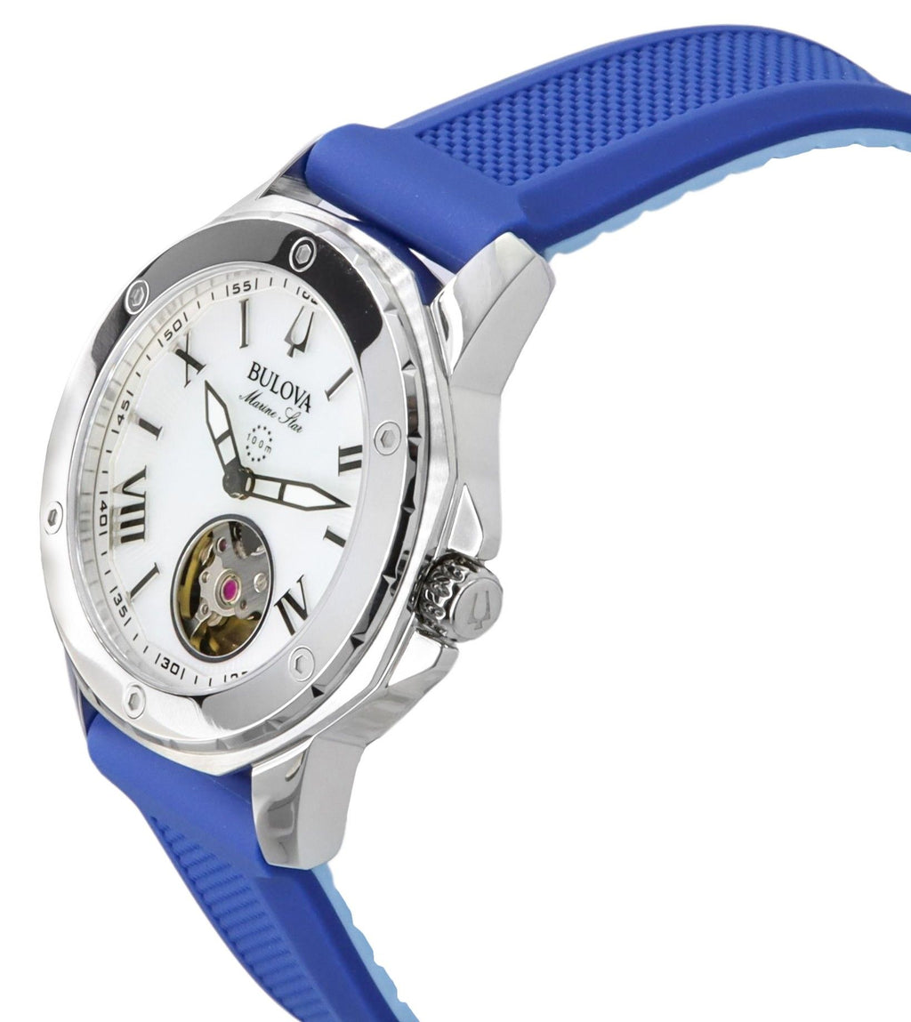 Bulova Marine Star Silicone Strap Mother Of Pearl Dial Automatic 96L324 100M Women's Watch