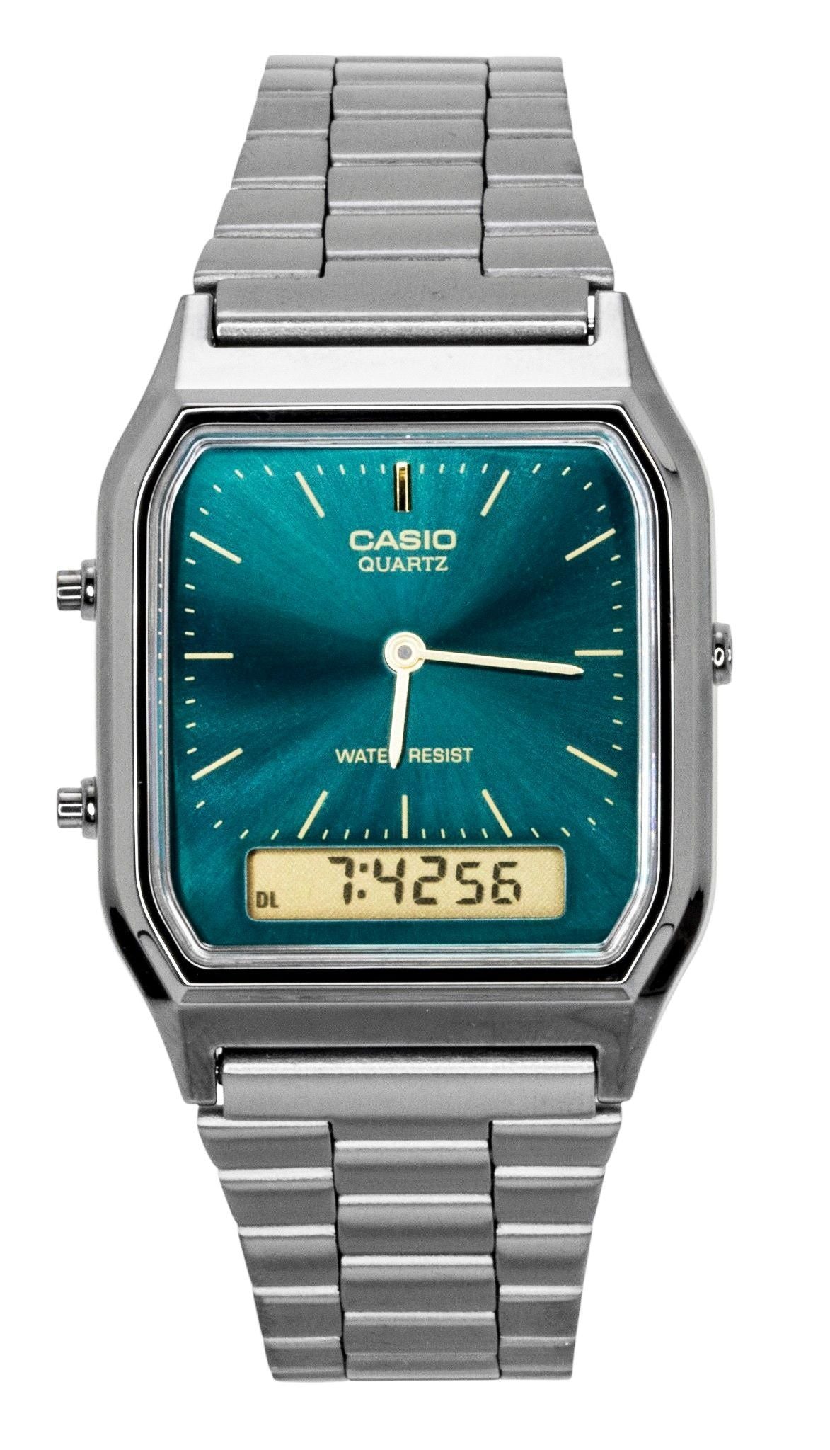 Casio Vintage Analog Digital Stainless Steel Green Dial Quartz AQ-230EGG-3A Unisex Watch