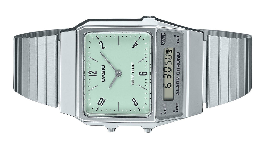 Casio Vintage Analog Digital Dual Time Stainless Steel Bracelet Green Dial Quartz AQ-800E-3A Unisex Watch