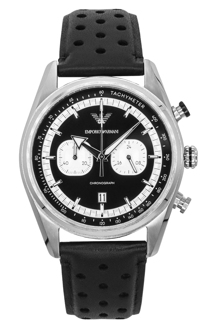 Emporio Armani Chronograph Lederarmband Schwarzes Zifferblatt Quarz AR11635 Herrenuhr