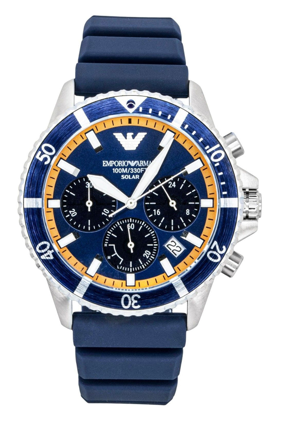 Emporio Armani World Explorer Chronograph Silikonarmband Blaues Zifferblatt Solar AR11696 100M Herrenuhr
