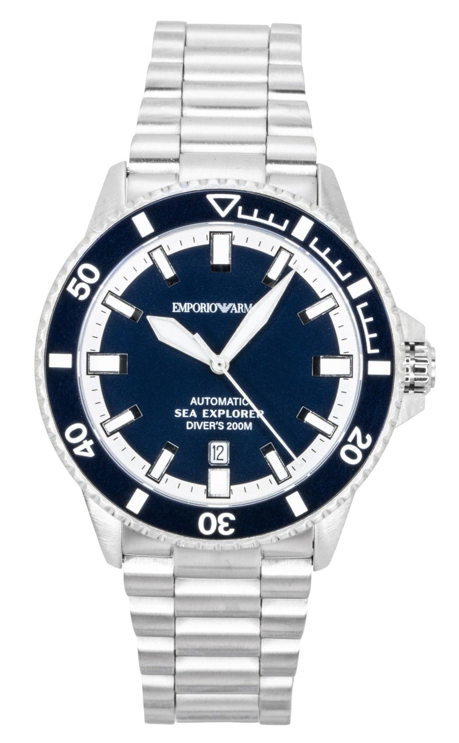 Emporio Armani Sea Explorer Edelstahl Automatikuhr AR60087 für Herren mit blauem Zifferblatt, 200M Wasserdichtigkeit