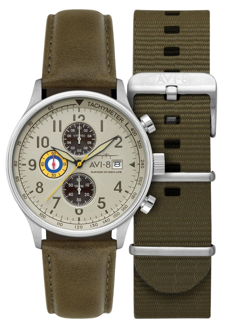 AVI-8 Hawker Hurricane Classic Chronograph Khaki Zifferblatt Quarz AV-4011-1B Herrenuhr mit zusätzlichem Armband