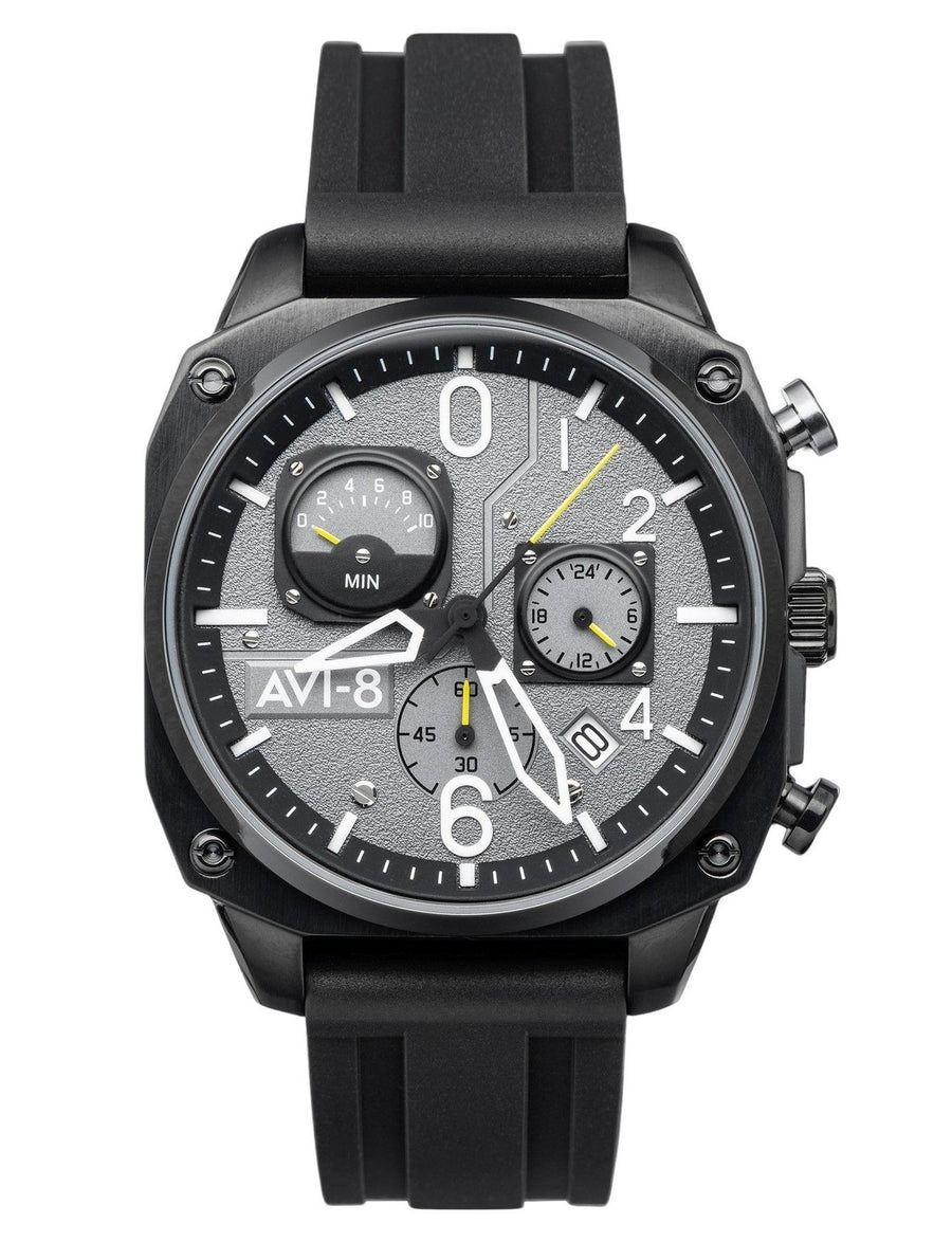 AVI-8 Hawker Hunter Retrograde Chronograph Tactical Black Kautschukarmband Graues Zifferblatt Quarz AV-4052-R1 Herrenuhr