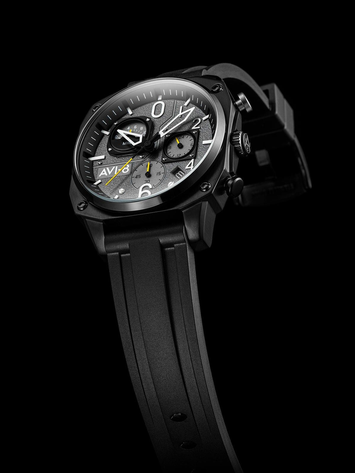 AVI-8 Hawker Hunter Retrograde chronograaf tactische zwarte rubberen band grijze wijzerplaat quartz AV-4052-R1 herenhorloge