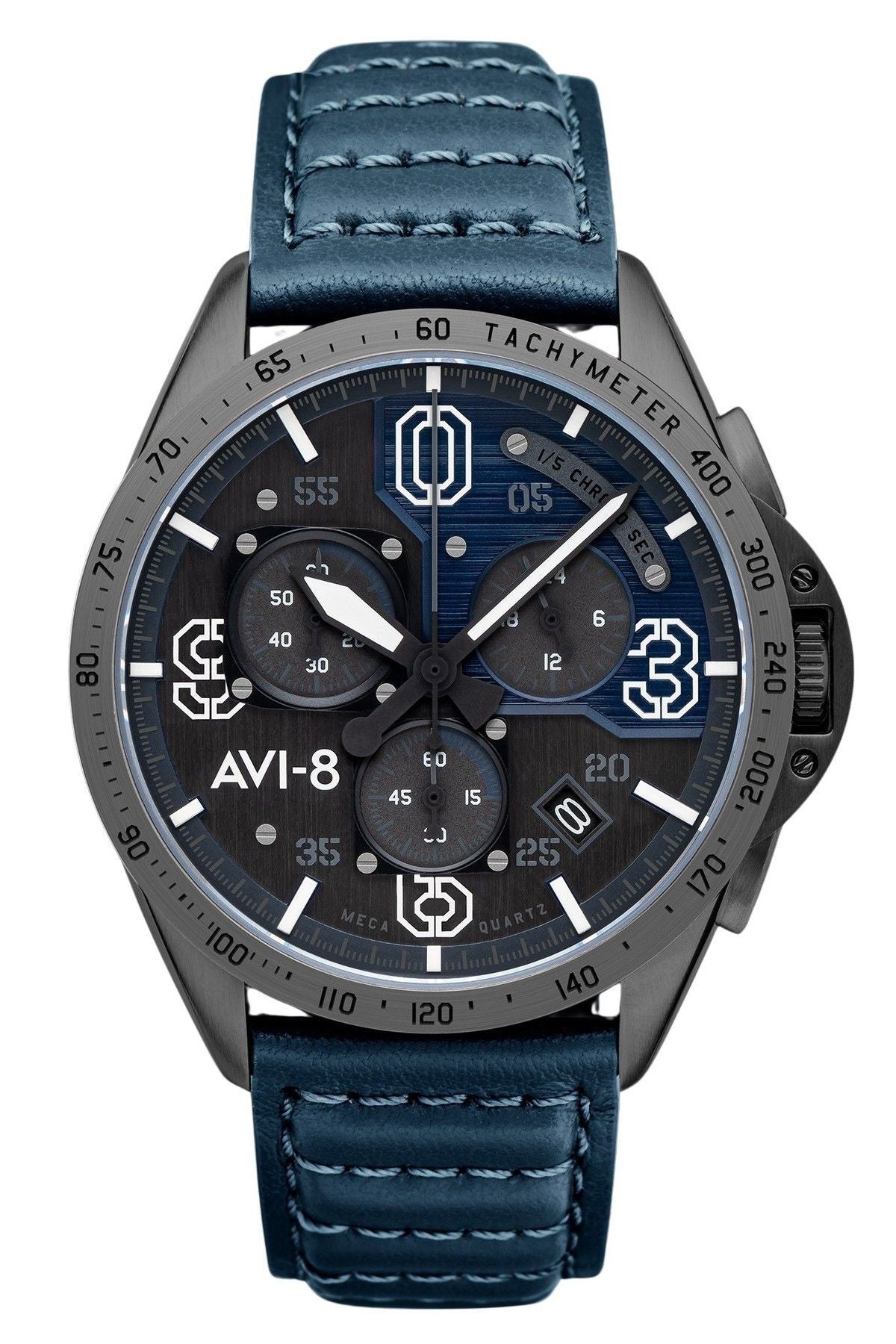 AVI-8 P-51 Mustang Blakeslee chronograaf luchtblauwe lederen band grijze en blauwe wijzerplaat quartz AV-4077-04 herenhorloge